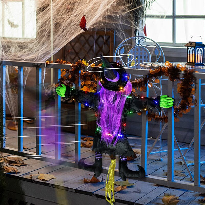 2 Modes Halloween Crashing Witch into Tree Decoration Halloween Light Up Hanging Decorations with Glowing Luminous Warning Sign acacuss