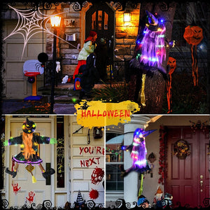2 Modes Halloween Crashing Witch into Tree Decoration Halloween Light Up Hanging Decorations with Glowing Luminous Warning Sign acacuss