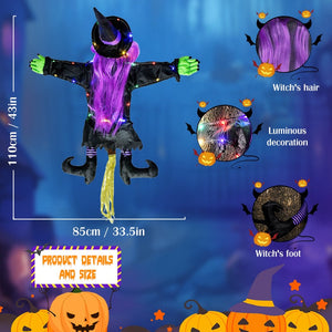 2 Modes Halloween Crashing Witch into Tree Decoration Halloween Light Up Hanging Decorations with Glowing Luminous Warning Sign acacuss