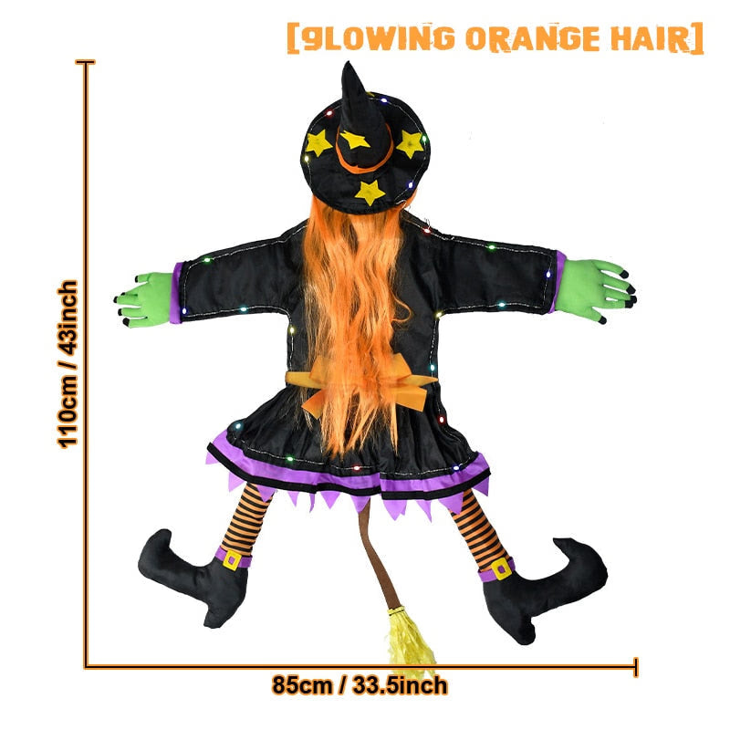 2 Modes Halloween Crashing Witch into Tree Decoration Halloween Light Up Hanging Decorations with Glowing Luminous Warning Sign acacuss