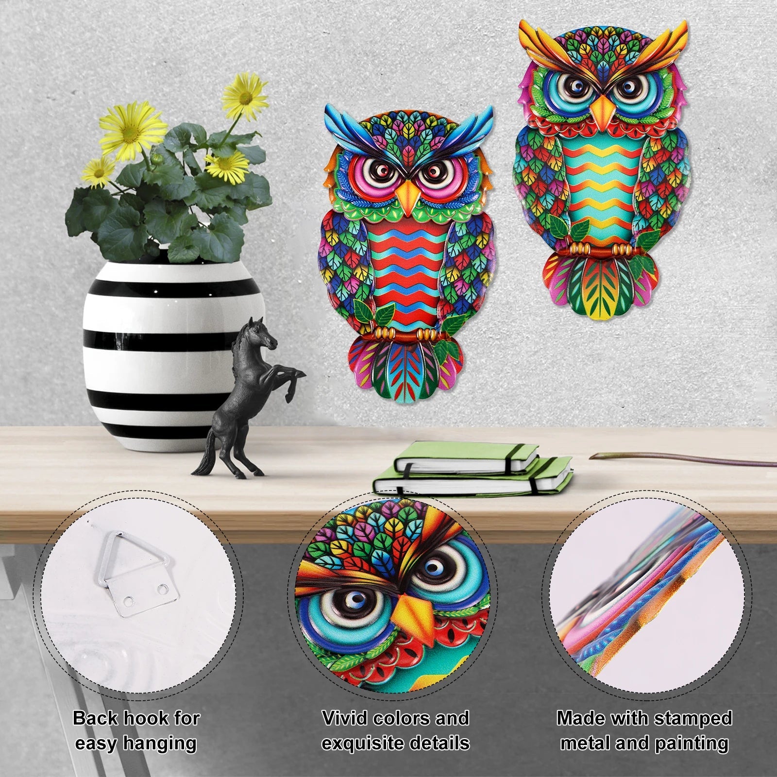 2 Pcs owl metal wall decoration wall art hanging fine garden decoration colorful owl fence decoration porch courtyard balcony acacuss