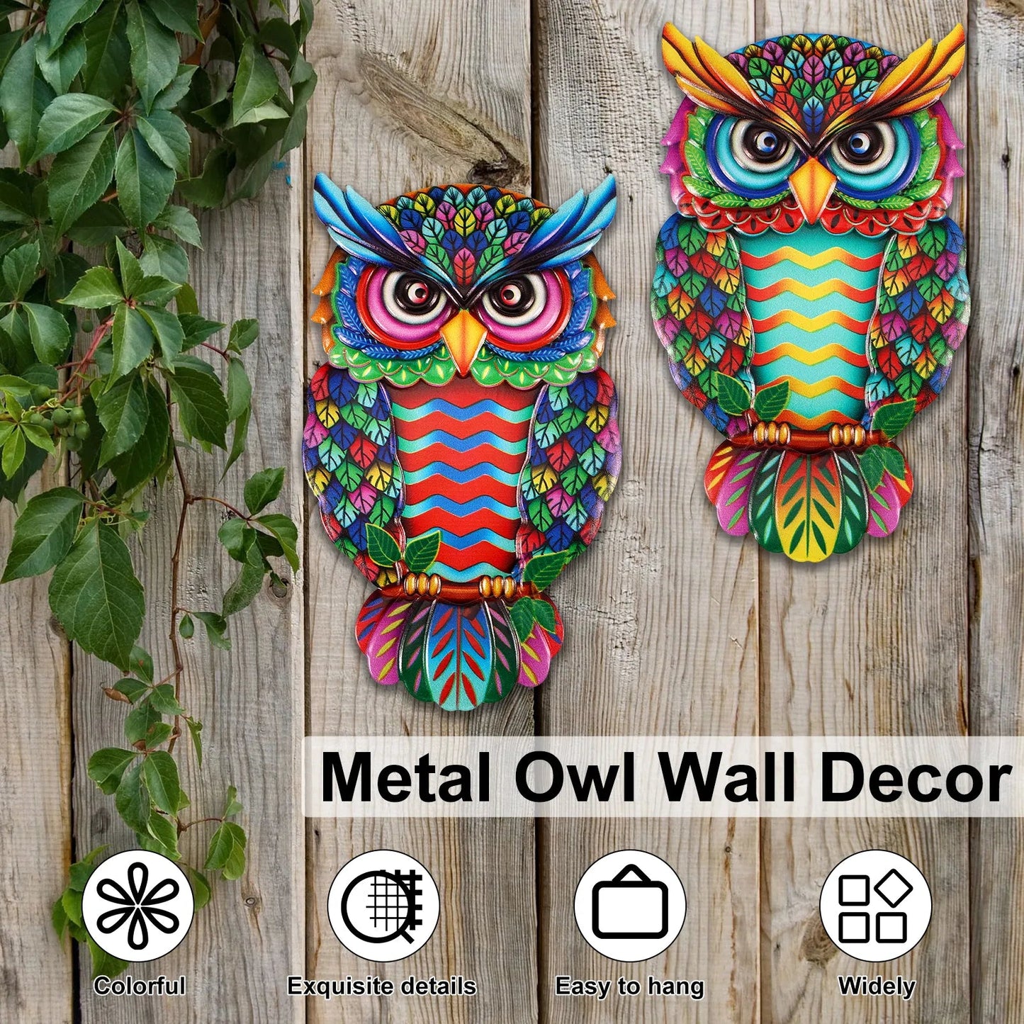2 Pcs owl metal wall decoration wall art hanging fine garden decoration colorful owl fence decoration porch courtyard balcony acacuss