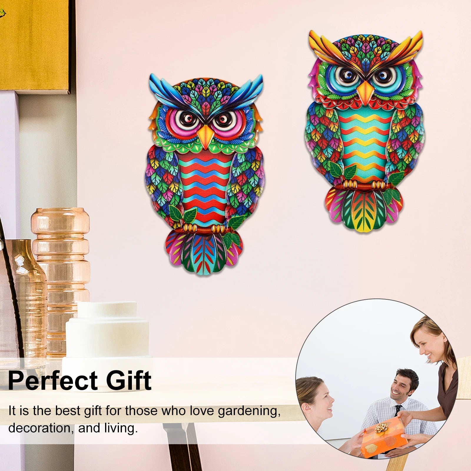 2 Pcs owl metal wall decoration wall art hanging fine garden decoration colorful owl fence decoration porch courtyard balcony acacuss