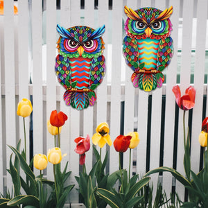 2 Pcs owl metal wall decoration wall art hanging fine garden decoration colorful owl fence decoration porch courtyard balcony acacuss