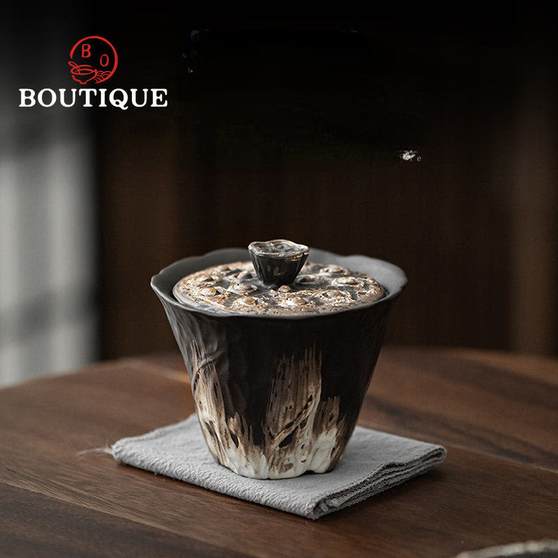 200ml Handmade Embossed Lotus Ceramic Tea TureeWabi Sabi Style Covered Bowl Coarse Pottery Tea Maker Gaiwan Kung Fu Tea Set Gift acacuss