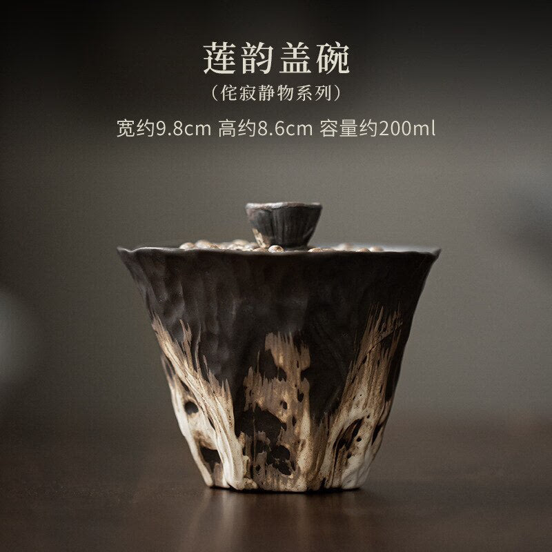 200ml Handmade Embossed Lotus Ceramic Tea TureeWabi Sabi Style Covered Bowl Coarse Pottery Tea Maker Gaiwan Kung Fu Tea Set Gift acacuss