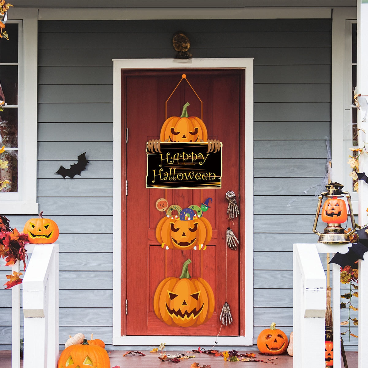 2023 Halloween Pumpkin Hanging Sign Spooky Witch Bat Trick or Treat Banner Front Door decor Halloween Party Decorations for Home acacuss