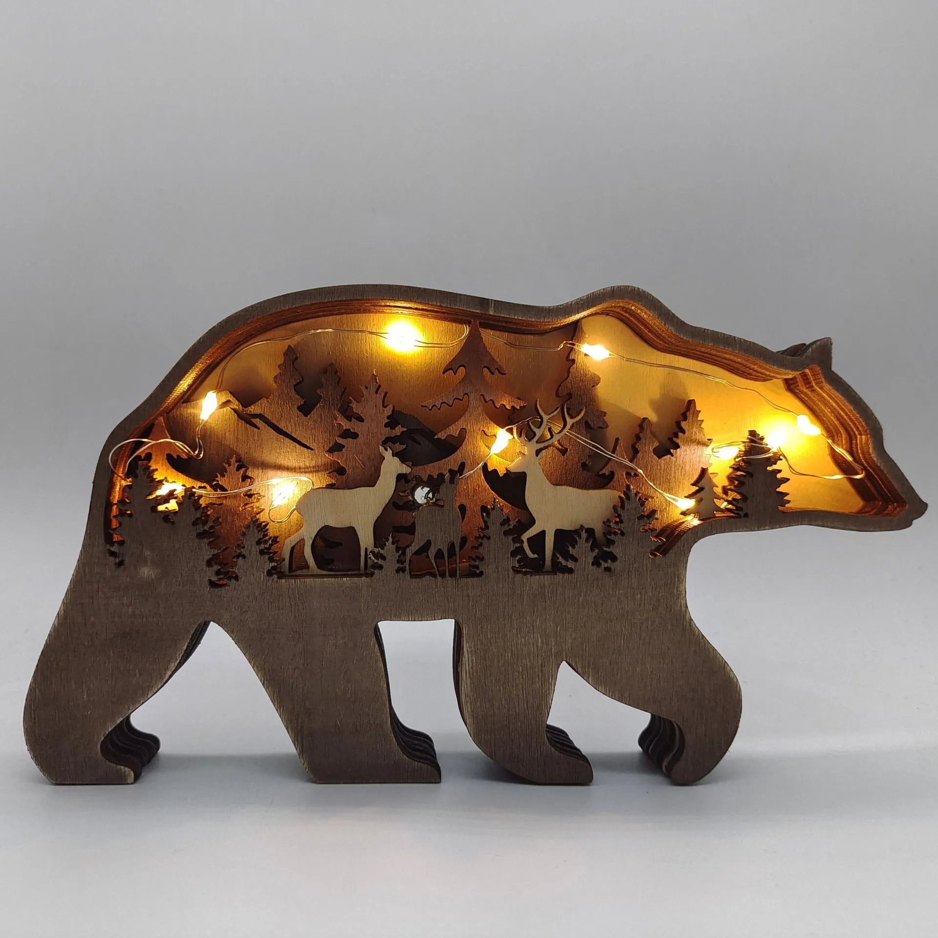 2023 New DIY Wood Elk Brown Bear Ornament Decoration Home Wooden Brown Bear Light Craft Ornament Decor Christmas Gift Crafts acacuss