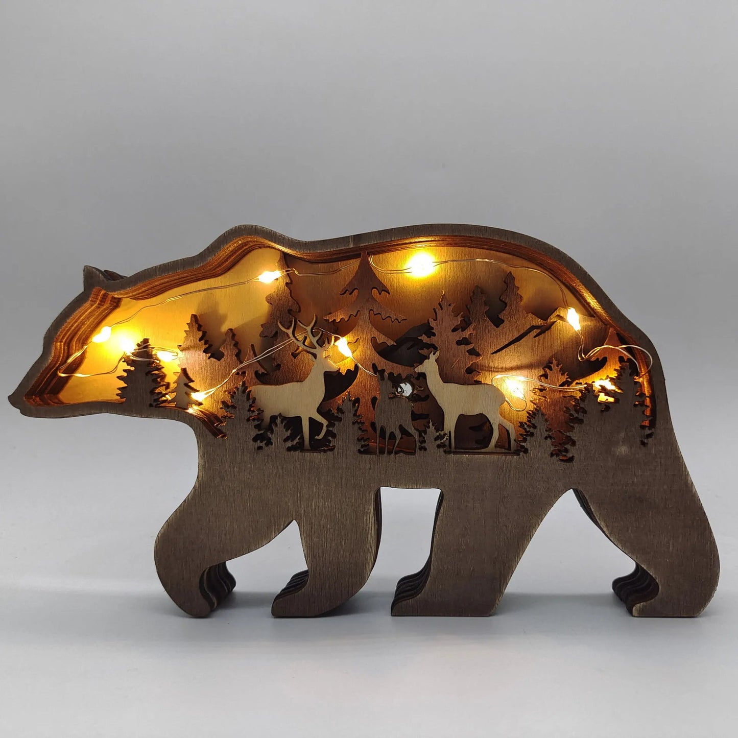 2023 New DIY Wood Elk Brown Bear Ornament Decoration Home Wooden Brown Bear Light Craft Ornament Decor Christmas Gift Crafts acacuss