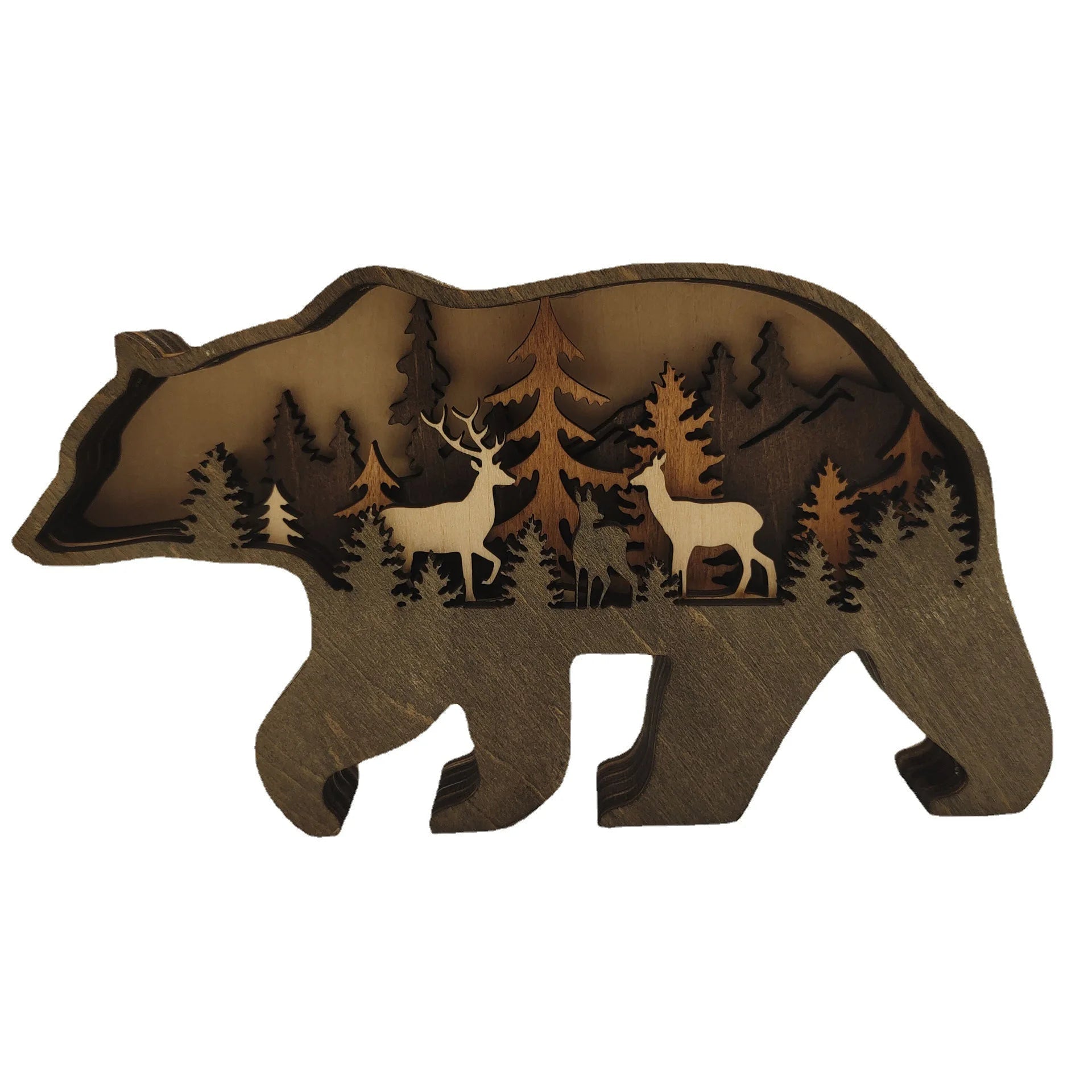 2023 New DIY Wood Elk Brown Bear Ornament Decoration Home Wooden Brown Bear Light Craft Ornament Decor Christmas Gift Crafts acacuss