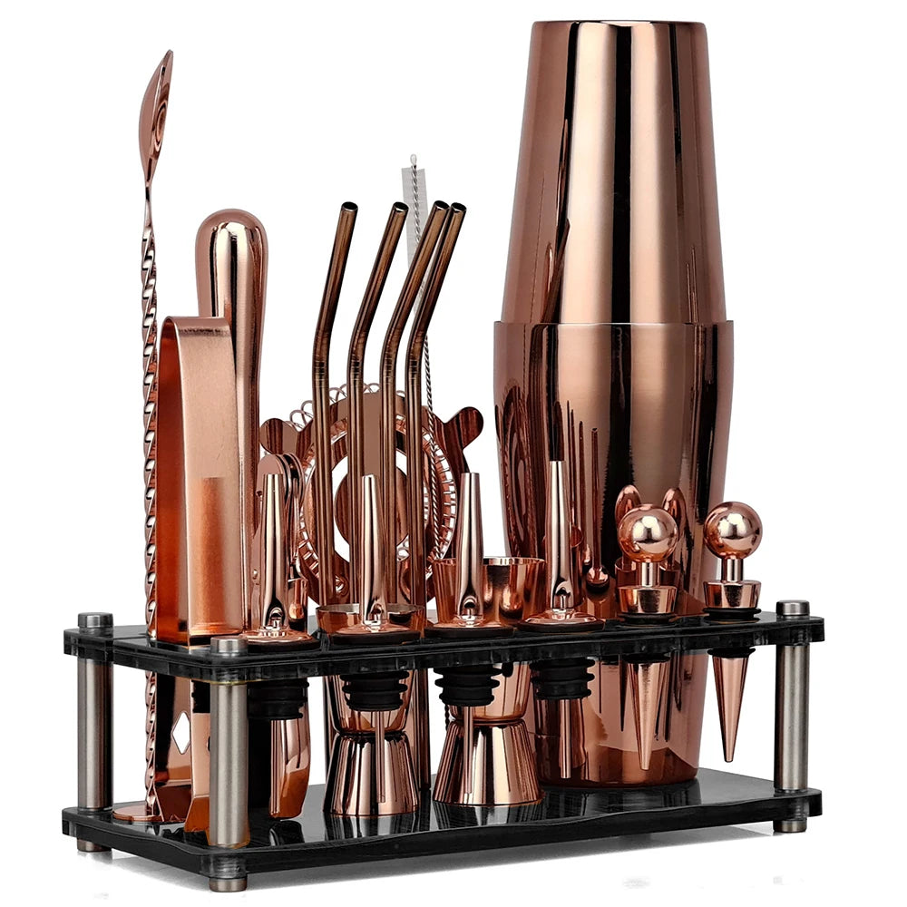 20Pcs/Set Rose Gold Bartender Kit,Cocktail Shaker Set With Rotating Acrylic Stand,For Mixed Drinks Martini Home Bar Kitchen Tool acacuss