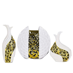 3pcs/set Gold Plated Porcelain Vase Vintage Advanced Ceramic Flower Vase For Room Study Hallway Home Wedding Decor With Flower acacuss