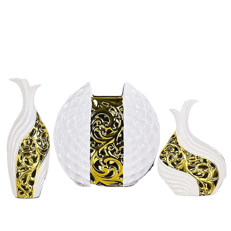 3pcs/set Gold Plated Porcelain Vase Vintage Advanced Ceramic Flower Vase For Room Study Hallway Home Wedding Decor With Flower acacuss