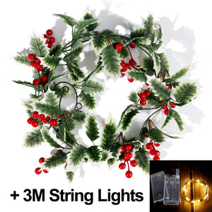 2M LED Christmas Garland Lighting Strings Artificial Red Berry Holly Leaves Ivy Vine for Christmas Tree Ornament Home Decoration acacuss
