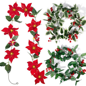 2M LED Christmas Garland Lighting Strings Artificial Red Berry Holly Leaves Ivy Vine for Christmas Tree Ornament Home Decoration acacuss