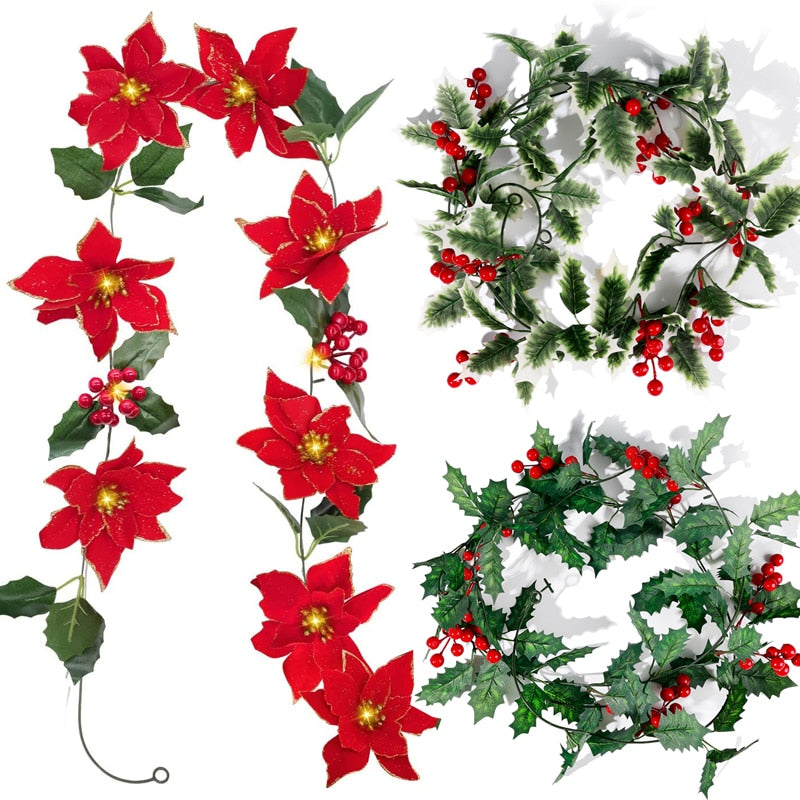 2M LED Christmas Garland Lighting Strings Artificial Red Berry Holly Leaves Ivy Vine for Christmas Tree Ornament Home Decoration acacuss