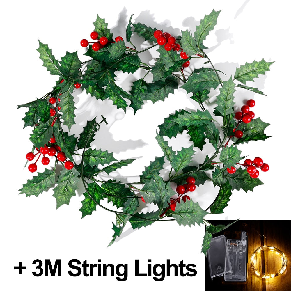 2M LED Christmas Garland Lighting Strings Artificial Red Berry Holly Leaves Ivy Vine for Christmas Tree Ornament Home Decoration acacuss
