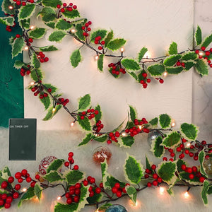 2M LED Christmas Garland Lighting Strings Artificial Red Berry Holly Leaves Ivy Vine for Christmas Tree Ornament Home Decoration acacuss