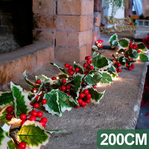 2M LED Christmas Garland Lighting Strings Artificial Red Berry Holly Leaves Ivy Vine for Christmas Tree Ornament Home Decoration acacuss