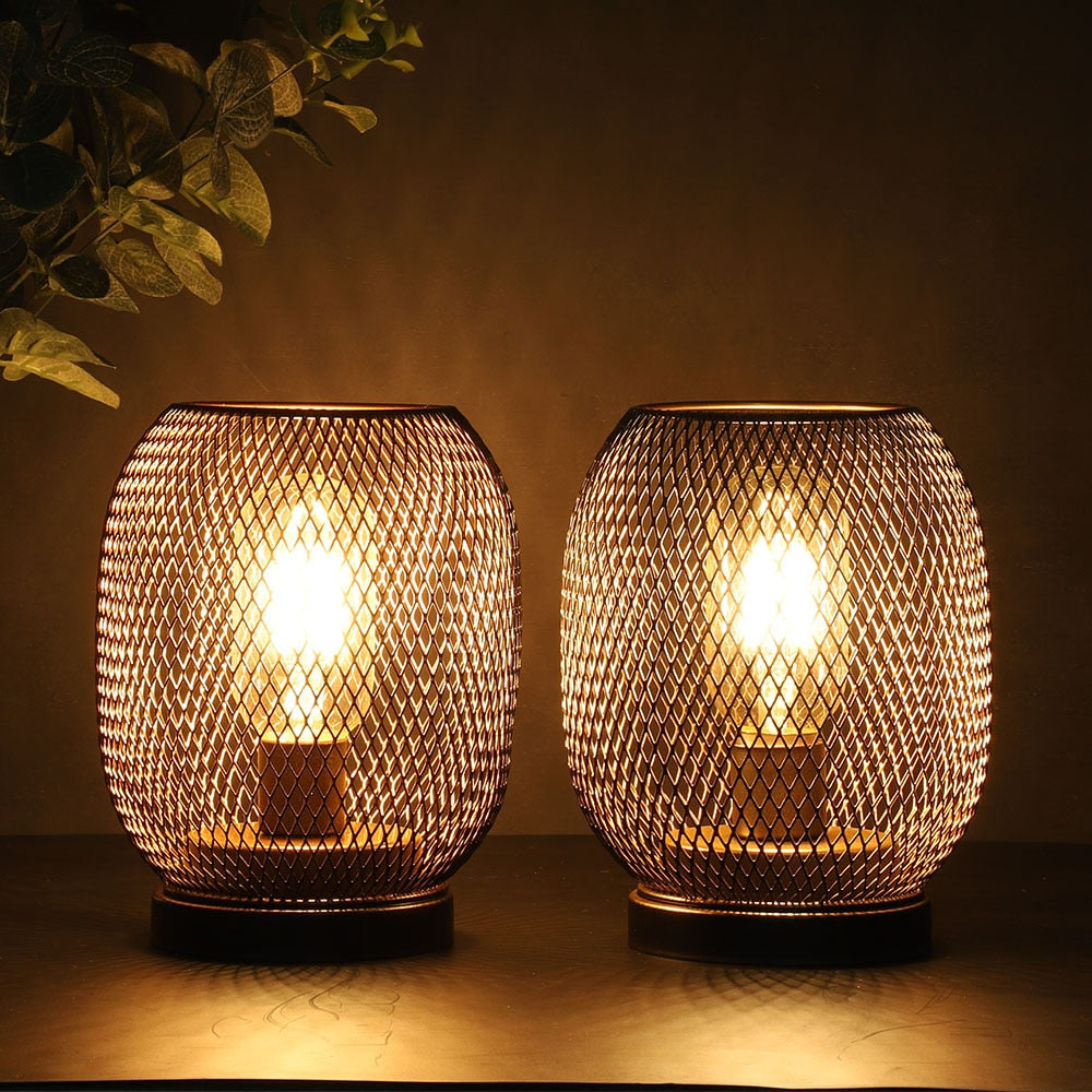 2Pcs Metal Cage Table Lamp Round Shaped LED Lantern Battery Powered Cordless Lamp for Weddings Party  Home Decor Candle Holder acacuss