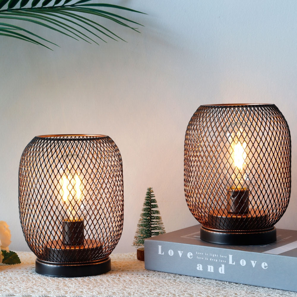2Pcs Metal Cage Table Lamp Round Shaped LED Lantern Battery Powered Cordless Lamp for Weddings Party  Home Decor Candle Holder acacuss