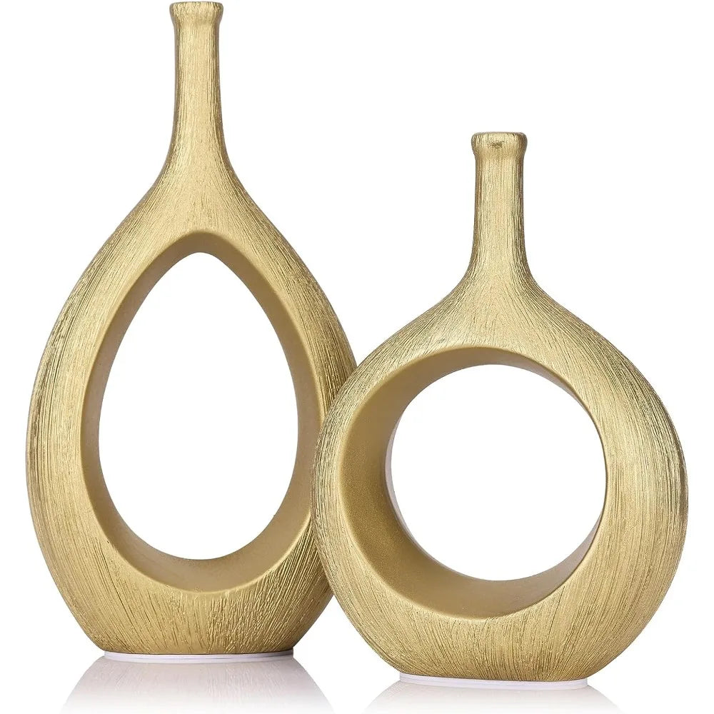2pc White and Gold Vase Ceramic Home DecorModern Minimalist Circle Decorative Vase, Hollow Ellipse Flower vases Centerpieces acacuss
