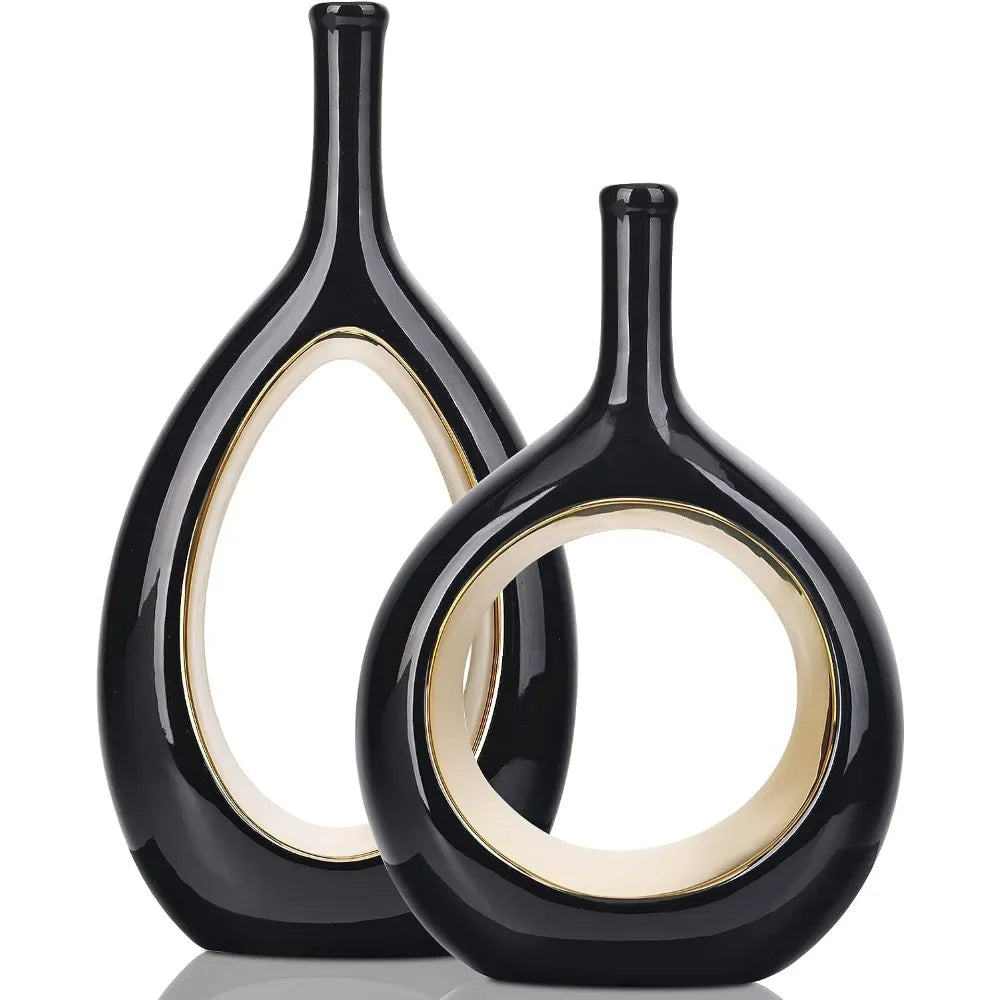 2pc White and Gold Vase Ceramic Home DecorModern Minimalist Circle Decorative Vase, Hollow Ellipse Flower vases Centerpieces acacuss