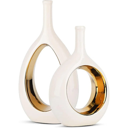 2pc White and Gold Vase Ceramic Home DecorModern Minimalist Circle Decorative Vase, Hollow Ellipse Flower vases Centerpieces acacuss
