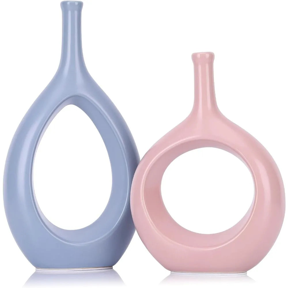 2pc White and Gold Vase Ceramic Home DecorModern Minimalist Circle Decorative Vase, Hollow Ellipse Flower vases Centerpieces acacuss