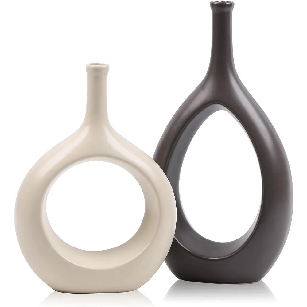 2pc White and Gold Vase Ceramic Home DecorModern Minimalist Circle Decorative Vase, Hollow Ellipse Flower vases Centerpieces acacuss