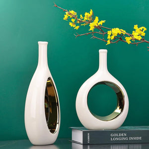 2pc White and Gold Vase Ceramic Home DecorModern Minimalist Circle Decorative Vase, Hollow Ellipse Flower vases Centerpieces acacuss