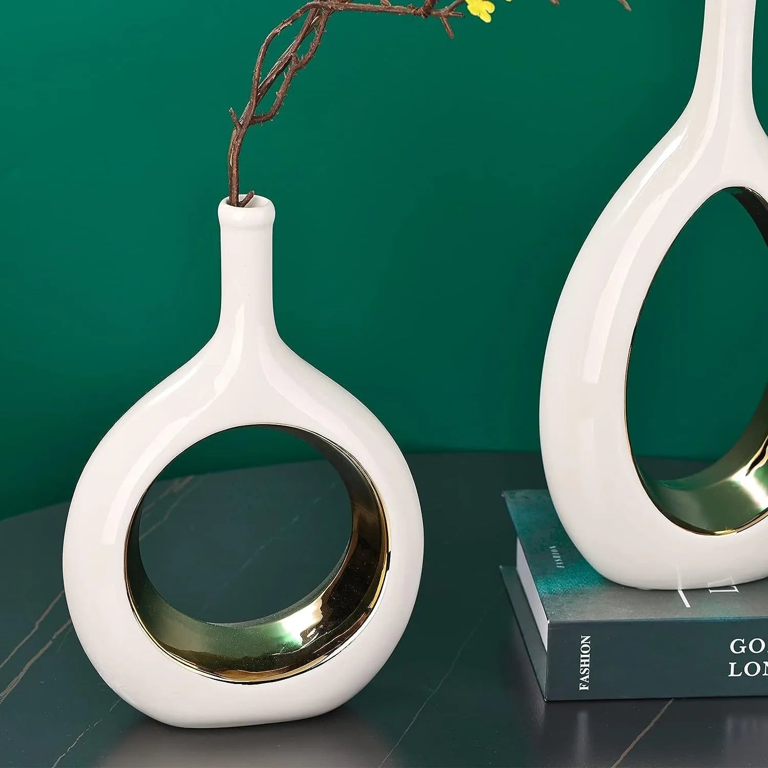 2pc White and Gold Vase Ceramic Home DecorModern Minimalist Circle Decorative Vase, Hollow Ellipse Flower vases Centerpieces acacuss