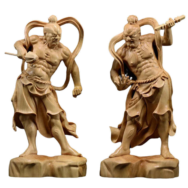 2pcs 20cm  Chinese Heng Ha Two God Boxwood Feng Shui Wood Sculpture Door God Wood Buddha Statue Home Decor acacuss