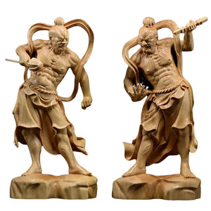 2pcs 20cm  Chinese Heng Ha Two God Boxwood Feng Shui Wood Sculpture Door God Wood Buddha Statue Home Decor acacuss