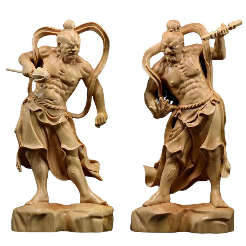 2pcs 20cm  Chinese Heng Ha Two God Boxwood Feng Shui Wood Sculpture Door God Wood Buddha Statue Home Decor acacuss