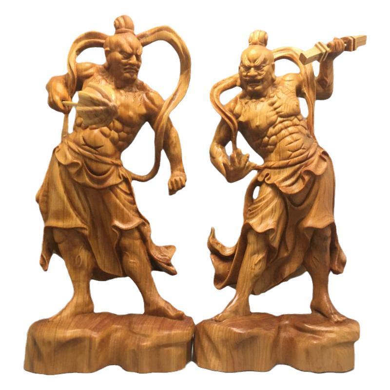 2pcs 20cm  Chinese Heng Ha Two God Boxwood Feng Shui Wood Sculpture Door God Wood Buddha Statue Home Decor acacuss