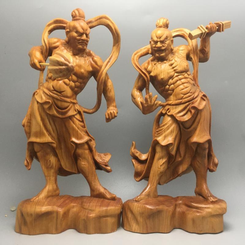 2pcs 20cm  Chinese Heng Ha Two God Boxwood Feng Shui Wood Sculpture Door God Wood Buddha Statue Home Decor acacuss