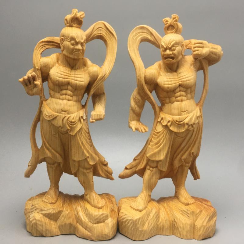 2pcs 20cm  Chinese Heng Ha Two God Boxwood Feng Shui Wood Sculpture Door God Wood Buddha Statue Home Decor acacuss