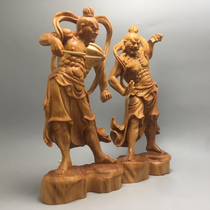 2pcs 20cm  Chinese Heng Ha Two God Boxwood Feng Shui Wood Sculpture Door God Wood Buddha Statue Home Decor acacuss