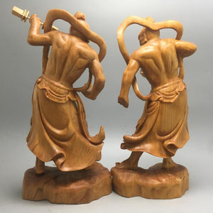 2pcs 20cm  Chinese Heng Ha Two God Boxwood Feng Shui Wood Sculpture Door God Wood Buddha Statue Home Decor acacuss