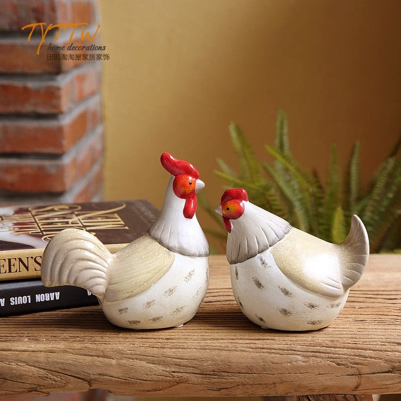 2pcs Couple Chicken Ornaments Country Style Home Accessories Ceramic Cabinet Decoration Simulation Animal Yard Decoration acacuss