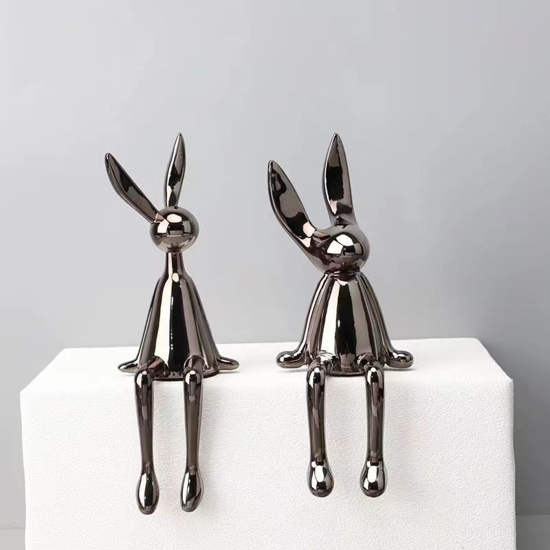 3 Piece Creative Shiny Rabbit Statue Home Decor Modern Nordic Animal Resin Art Sculpture Crafts Desktop Electroplated Ornament acacuss
