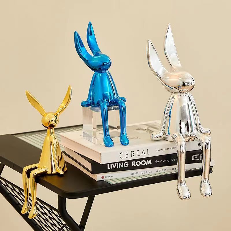 3 Piece Creative Shiny Rabbit Statue Home Decor Modern Nordic Animal Resin Art Sculpture Crafts Desktop Electroplated Ornament acacuss