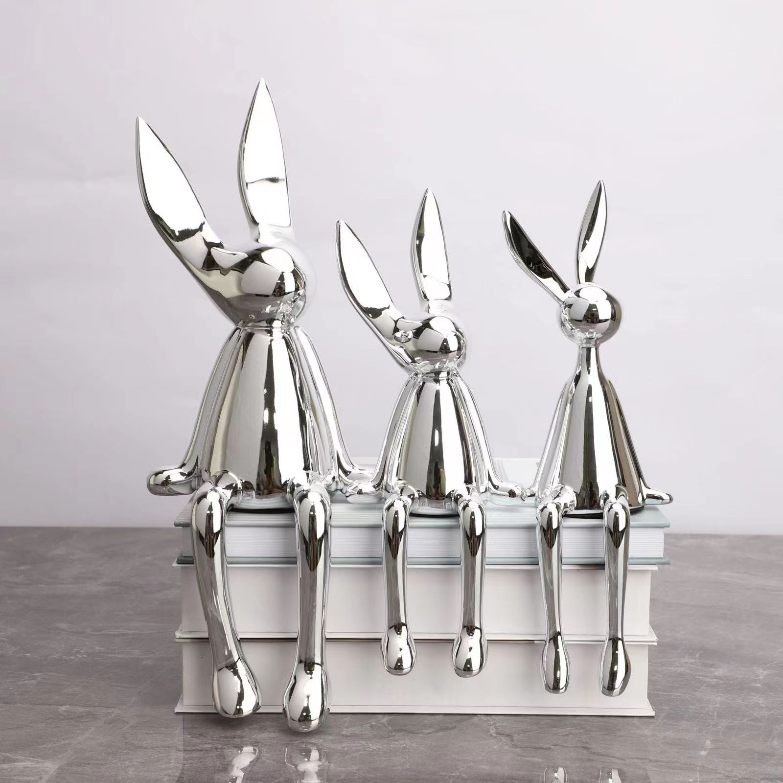 3 Piece Creative Shiny Rabbit Statue Home Decor Modern Nordic Animal Resin Art Sculpture Crafts Desktop Electroplated Ornament acacuss