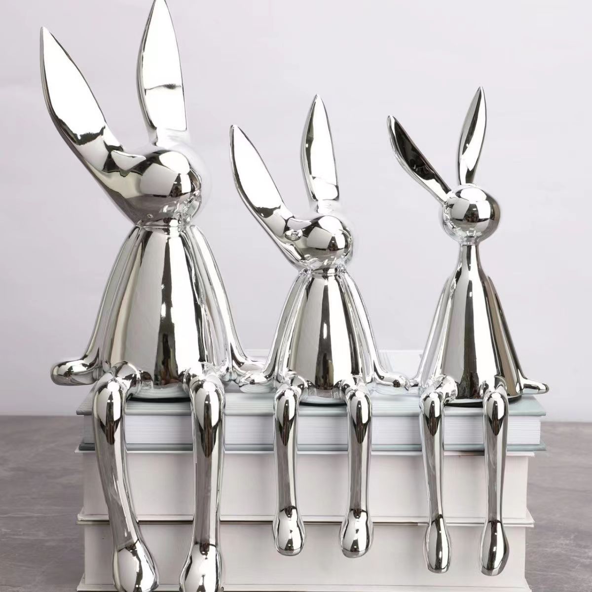 3 Piece Creative Shiny Rabbit Statue Home Decor Modern Nordic Animal Resin Art Sculpture Crafts Desktop Electroplated Ornament acacuss