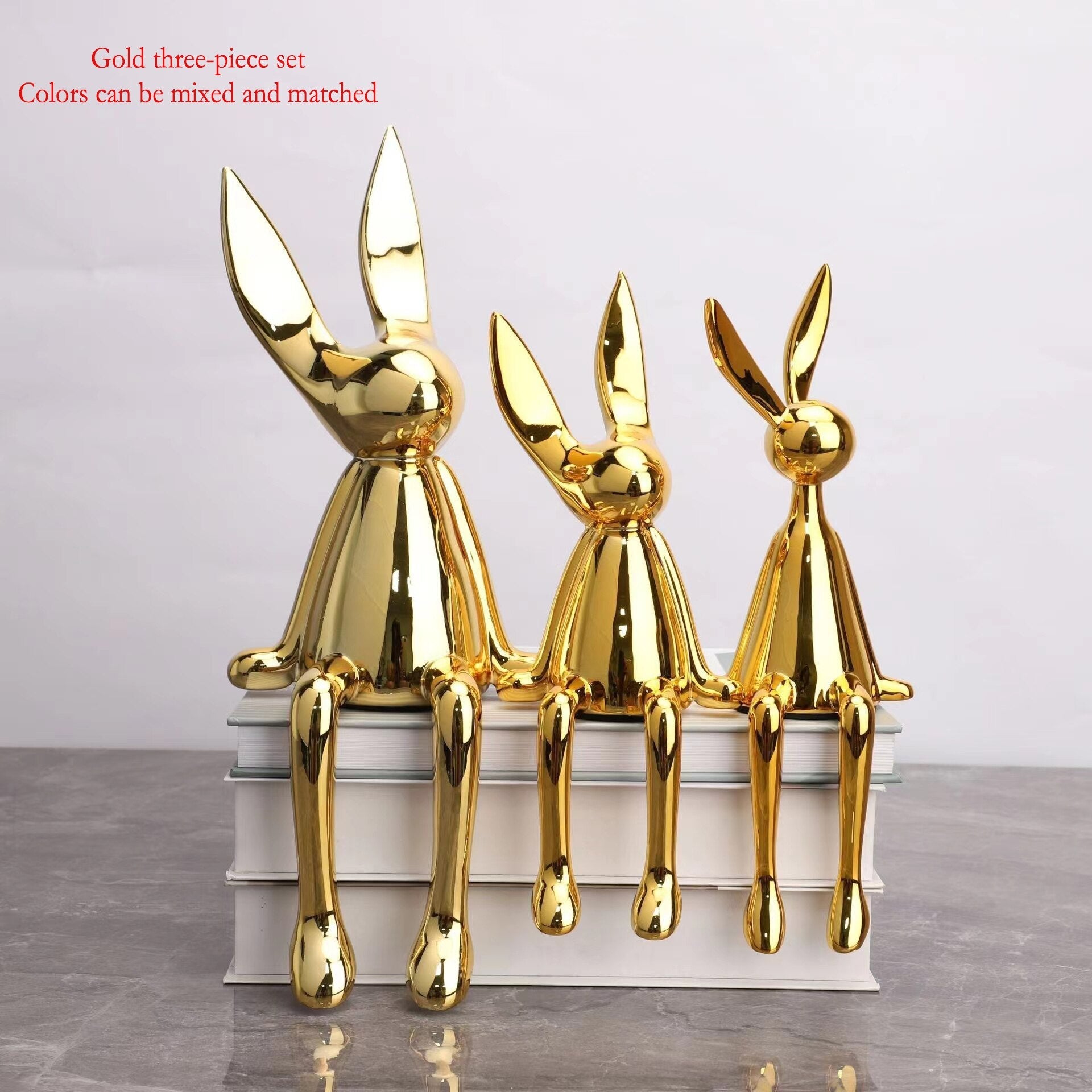 3 Piece Creative Shiny Rabbit Statue Home Decor Modern Nordic Animal Resin Art Sculpture Crafts Desktop Electroplated Ornament acacuss