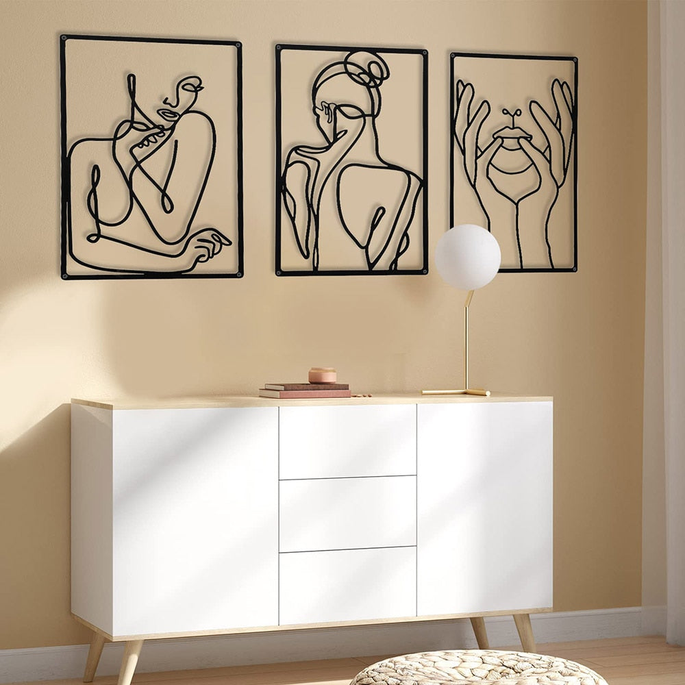 3 Pieces Set Minimalist Abstract Woman Shape Metal Signs Nordic Style Wall Art Living Bedroom Room Decor Black Cutout Decoration acacuss