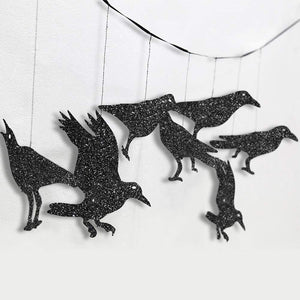 32Pcs Paper Glitter Black Crow Bird Garlands for Halloween Themed Party Decoration Flying Hanging Halloween Tree Crow Banners acacuss