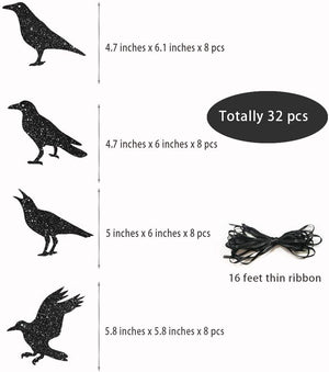 32Pcs Paper Glitter Black Crow Bird Garlands for Halloween Themed Party Decoration Flying Hanging Halloween Tree Crow Banners acacuss