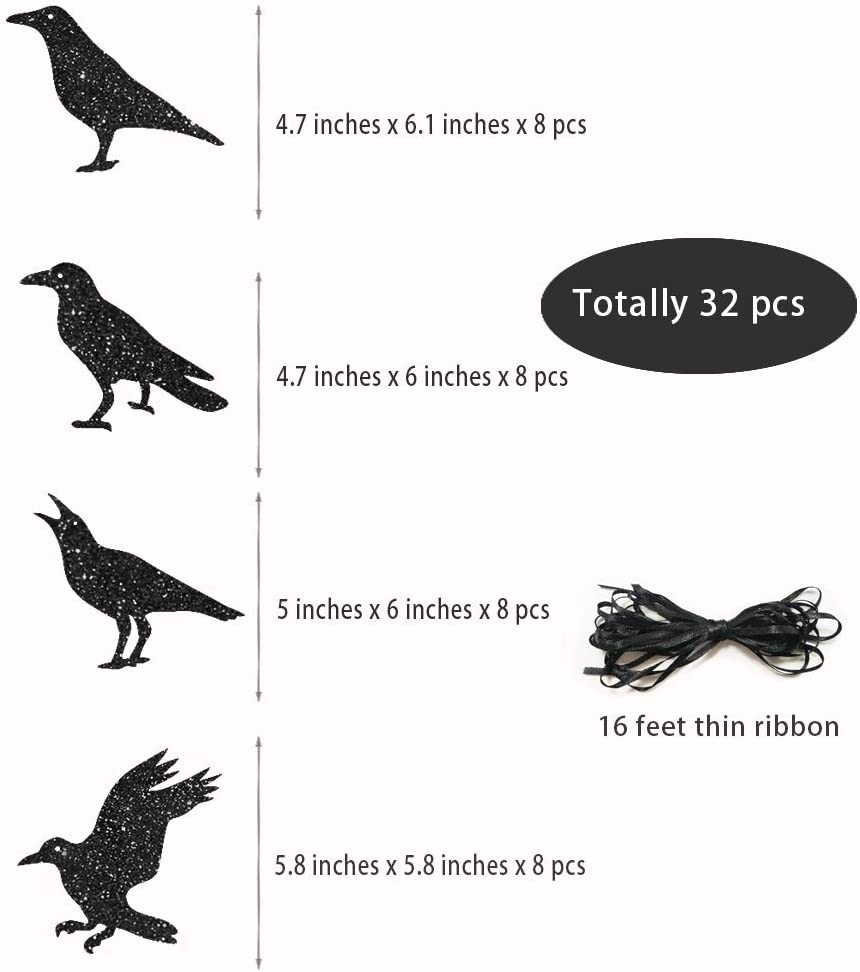 32Pcs Paper Glitter Black Crow Bird Garlands for Halloween Themed Party Decoration Flying Hanging Halloween Tree Crow Banners acacuss